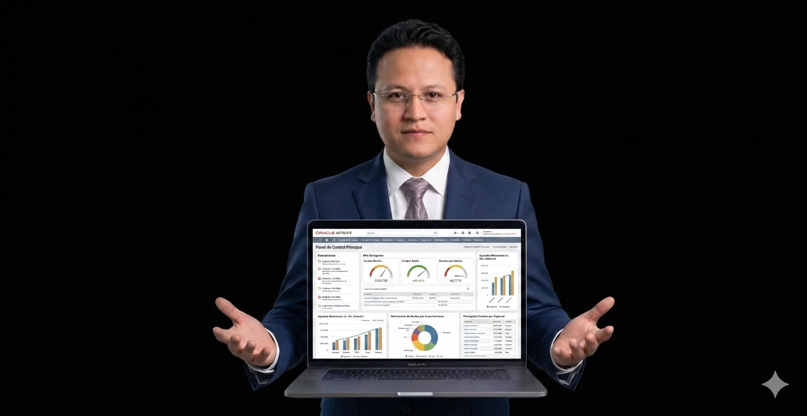 Consultor de Altara10 muestra un tablero de Oracle NetSuite en un portátil.